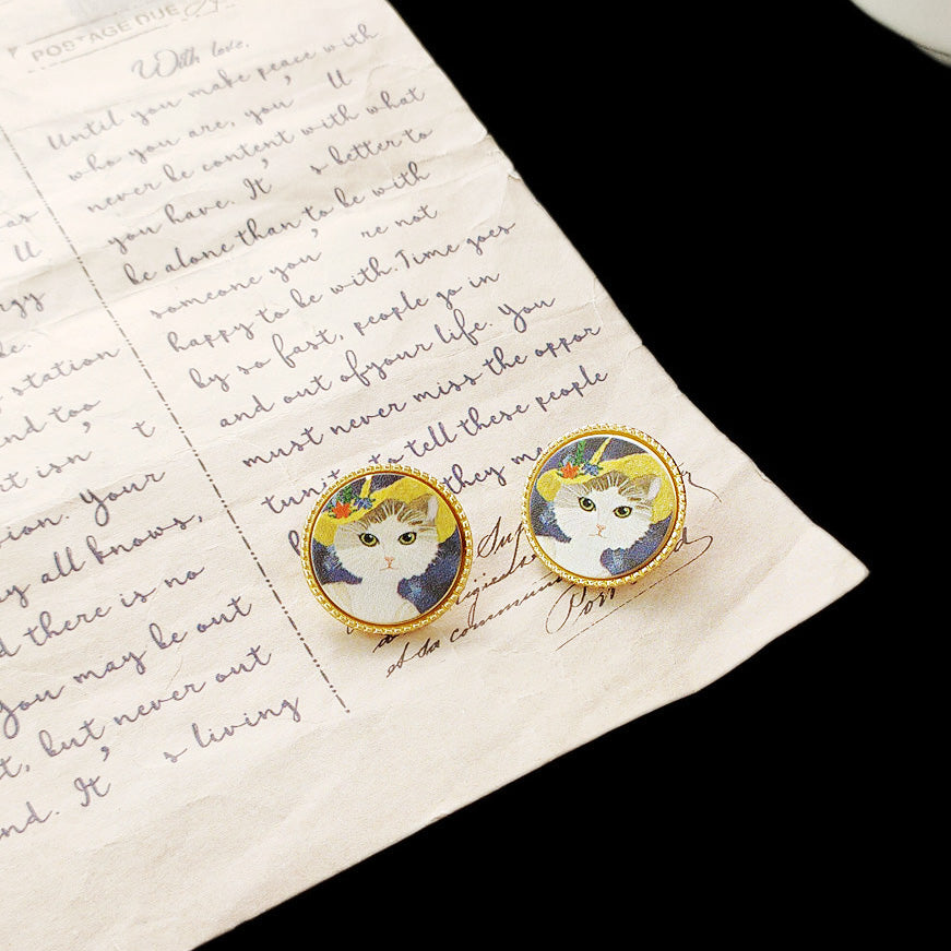 Round 14k gold frame cat painting stud earrings (5 pairs)