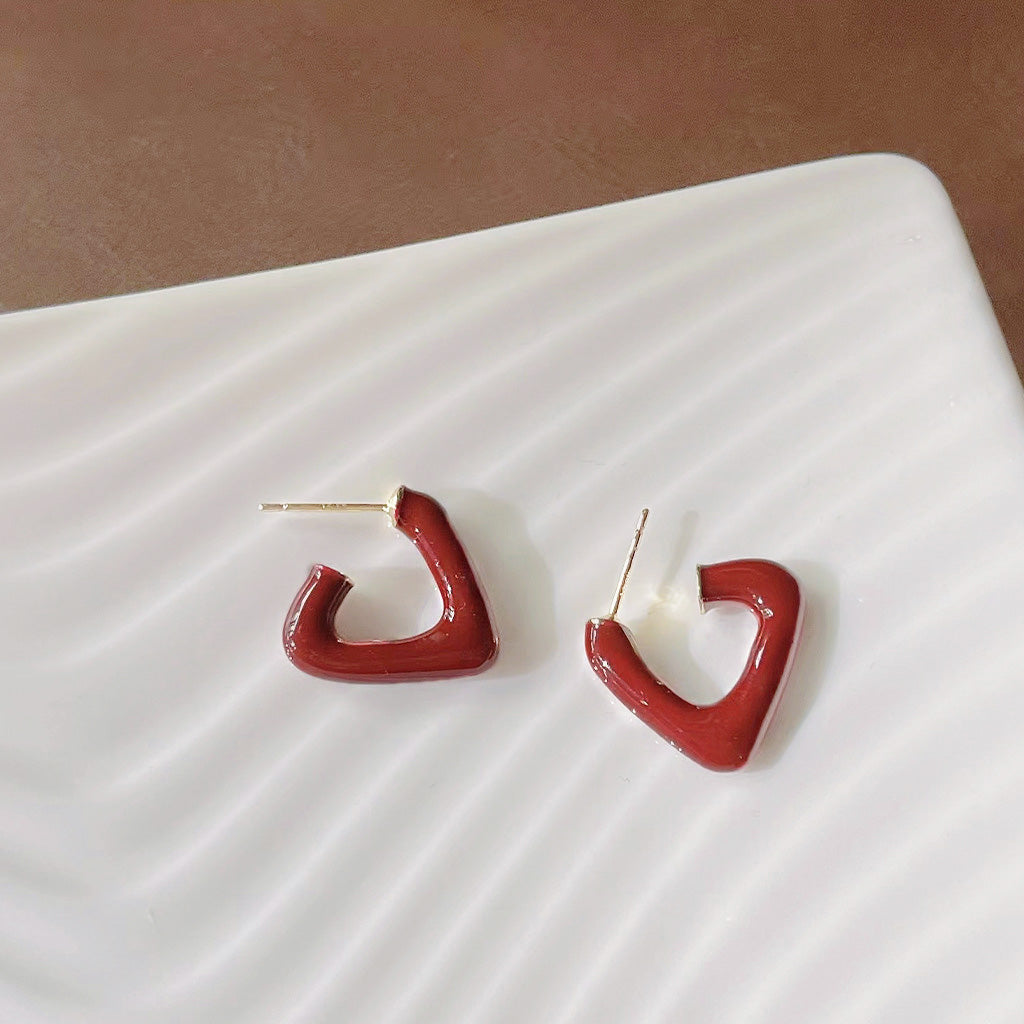 14k gold plated red enamel triangle C-shape stud earrings (5 pairs)