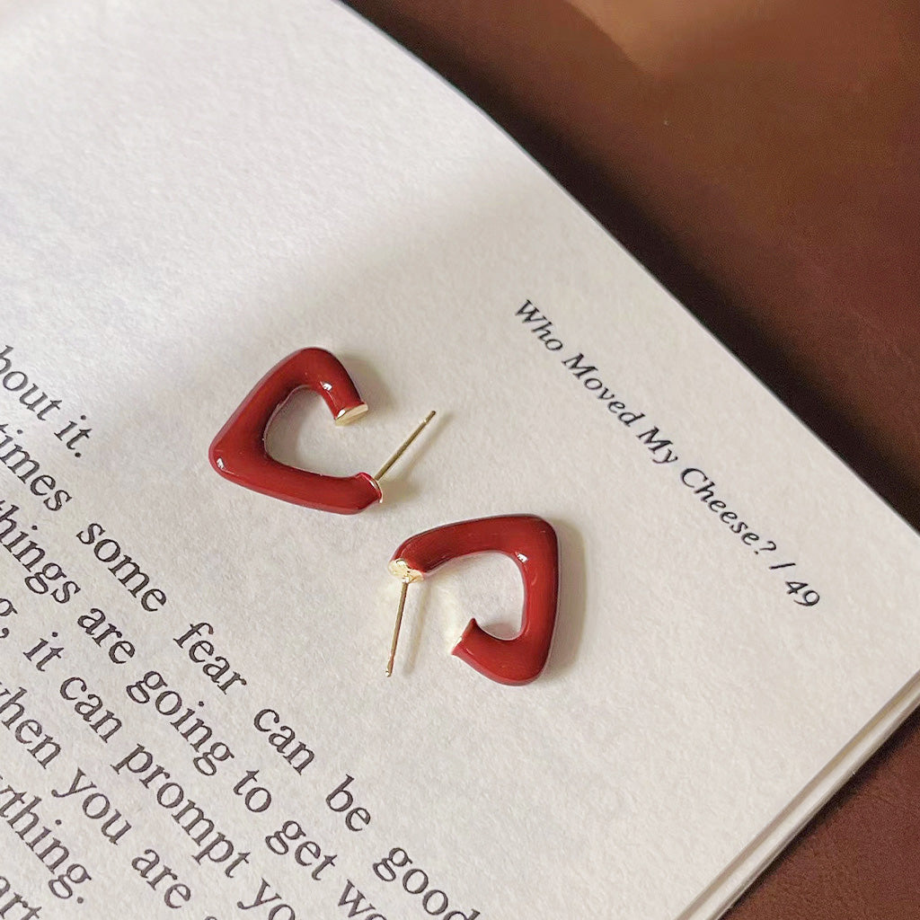 14k gold plated red enamel triangle C-shape stud earrings (5 pairs)