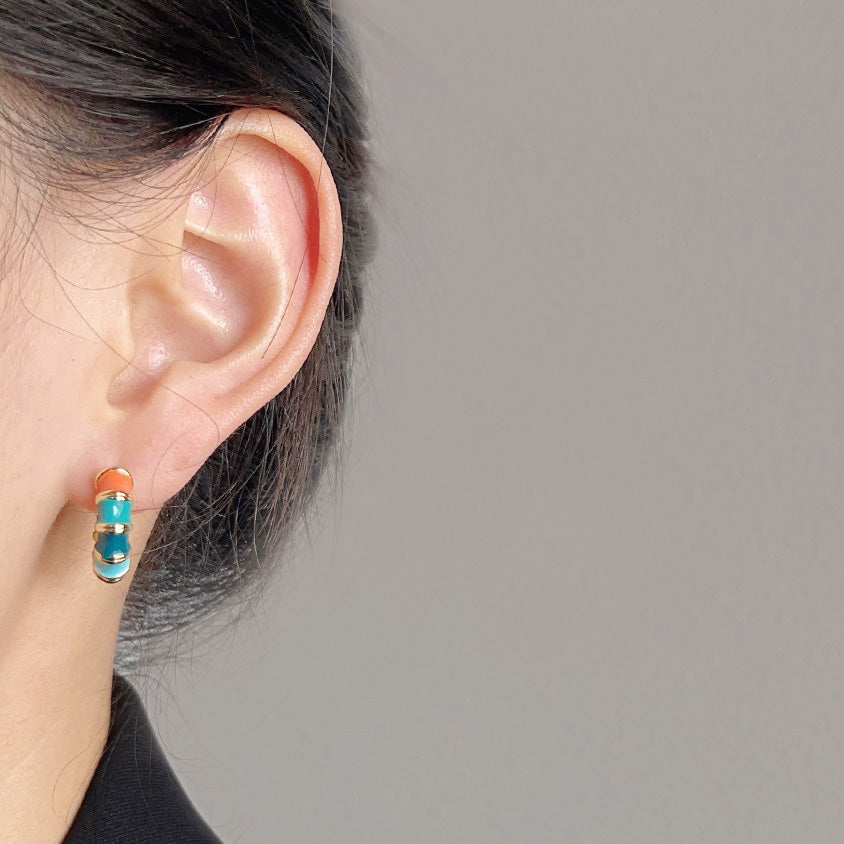 14k gold plated rainbow multi-color enamel bamboo hoop earrings (5 pairs)