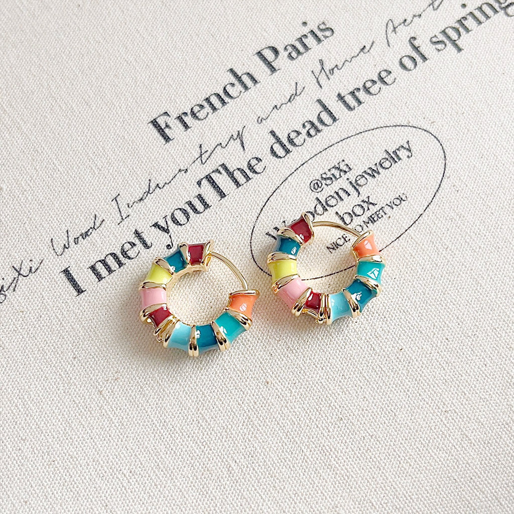 14k gold plated rainbow multi-color enamel bamboo hoop earrings (5 pairs)
