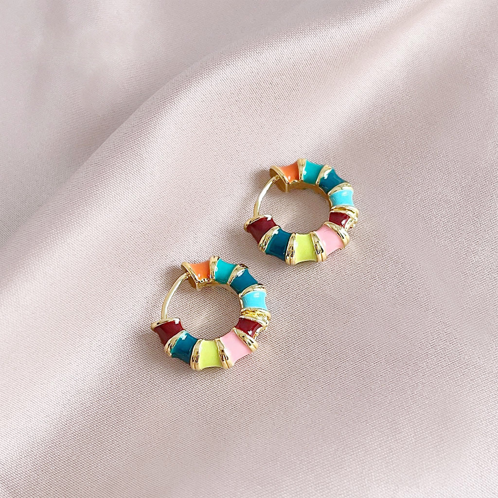 14k gold plated rainbow multi-color enamel bamboo hoop earrings (5 pairs)