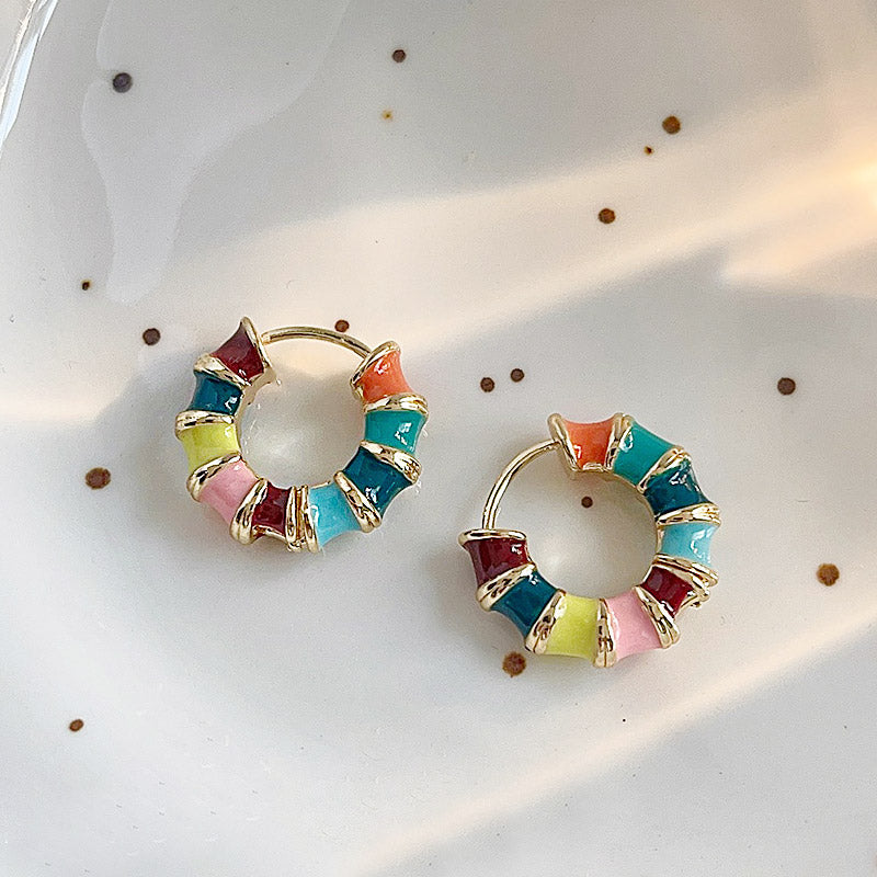 14k gold plated rainbow multi-color enamel bamboo hoop earrings (5 pairs)