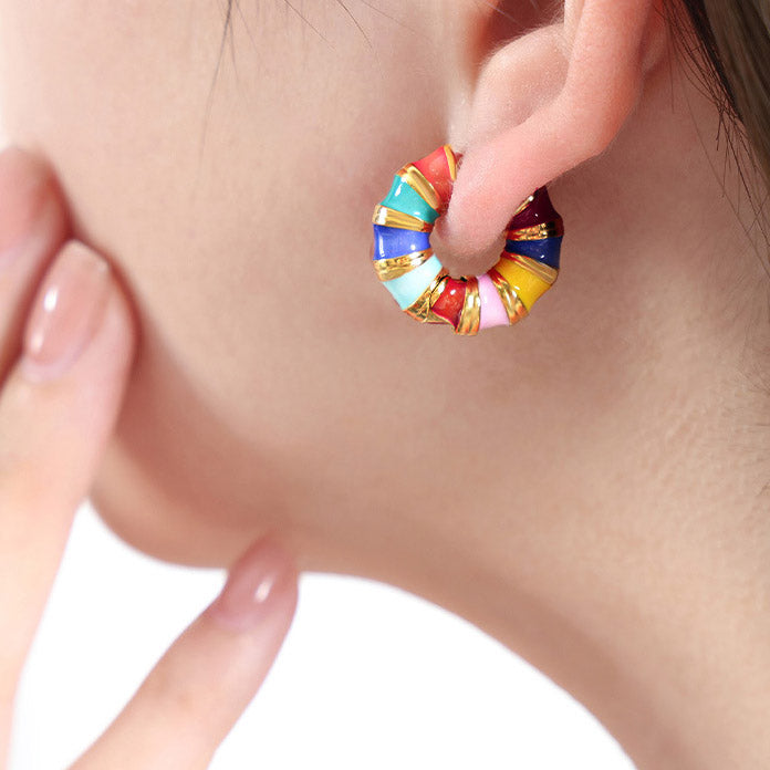 14k gold plated rainbow multi-color enamel bamboo hoop earrings (5 pairs)