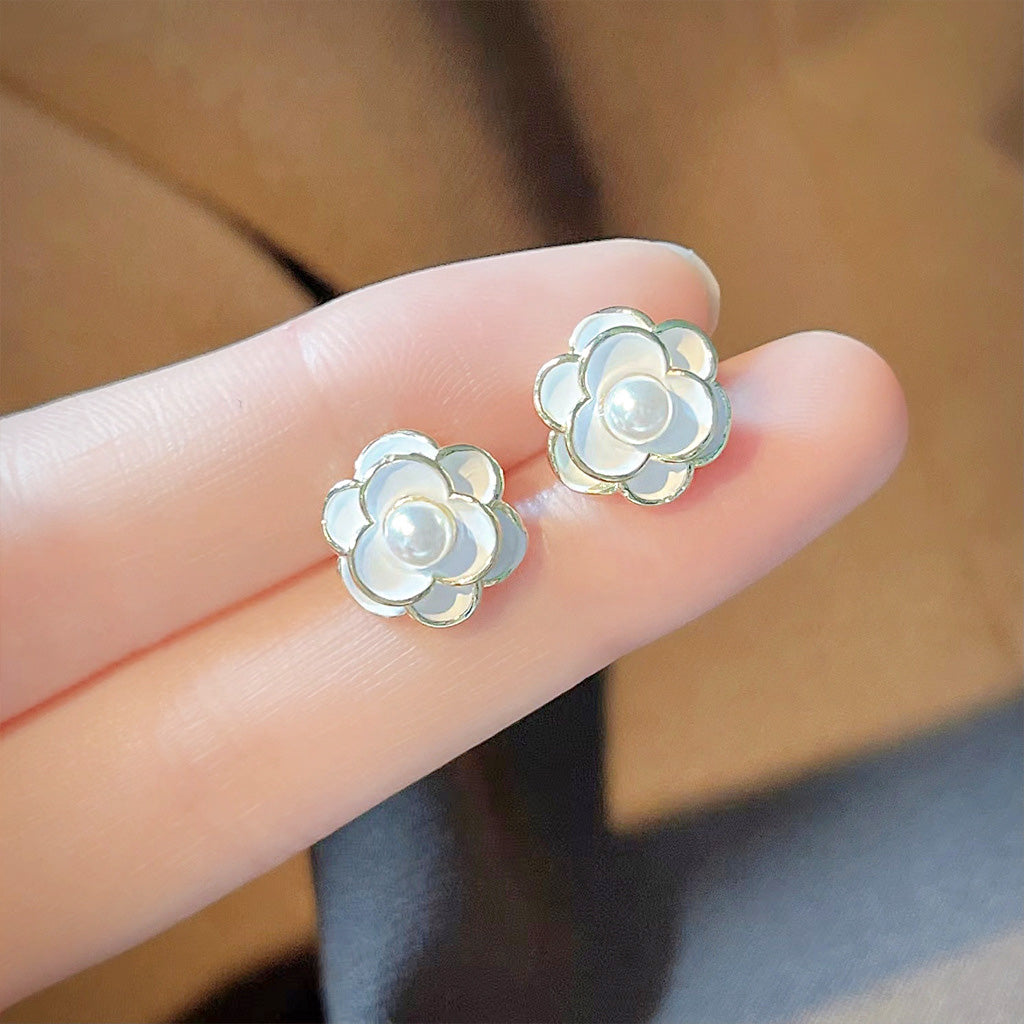 Elegant 14k gold plated white enamel Camellia flower stud earrings (5 pairs)