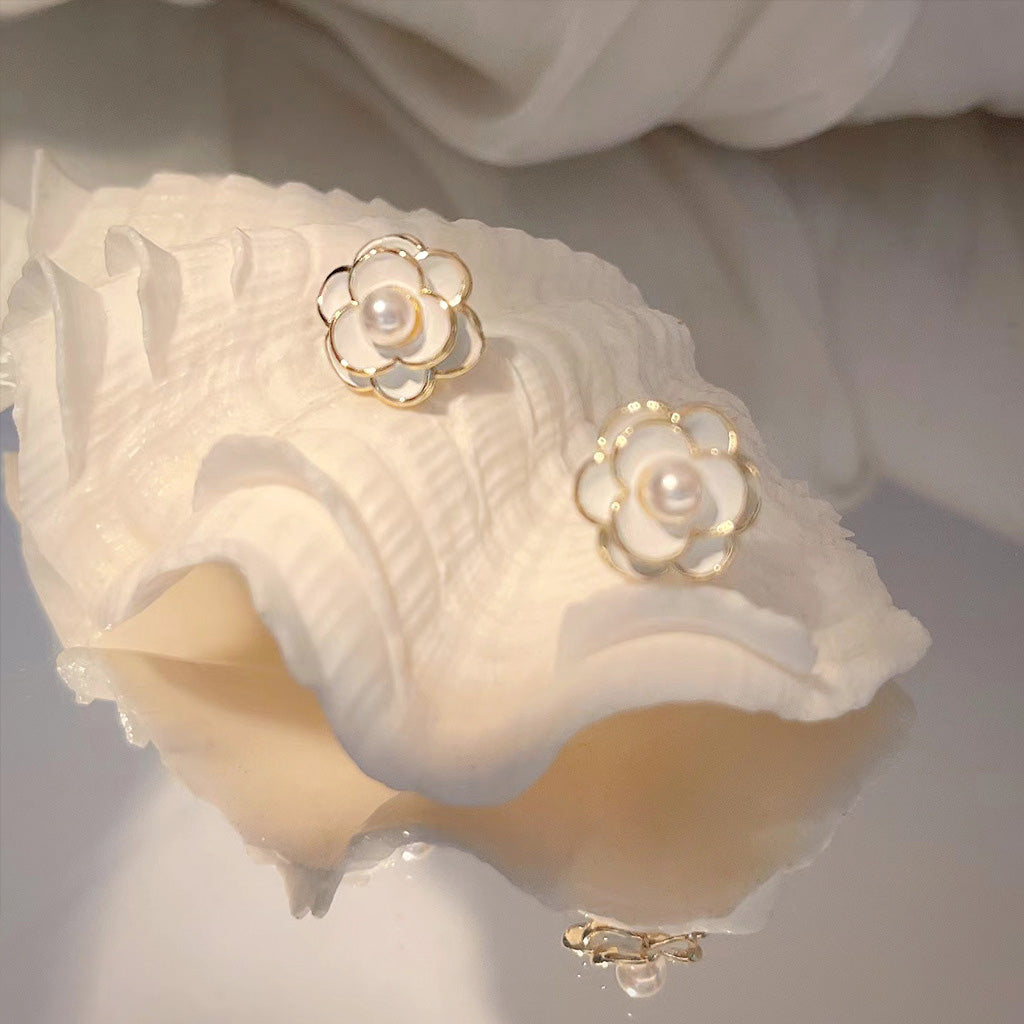Elegant 14k gold plated white enamel Camellia flower stud earrings (5 pairs)