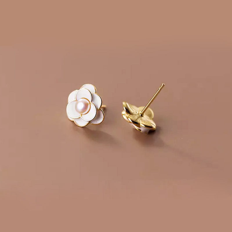 Elegant 14k gold plated white enamel Camellia flower stud earrings (5 pairs)