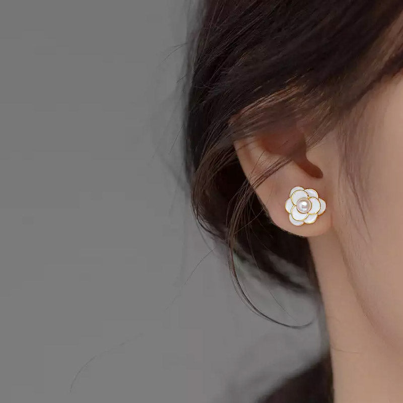 Elegant 14k gold plated white enamel Camellia flower stud earrings (5 pairs)