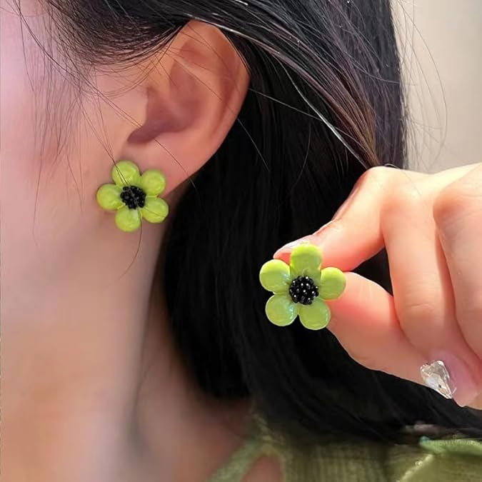 Summer fresh style green enamel daisy flower stud earrings (5 pairs)