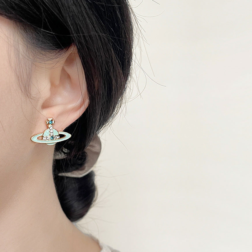 Green enamel with rhinestones planet stud earrings (5 pairs)