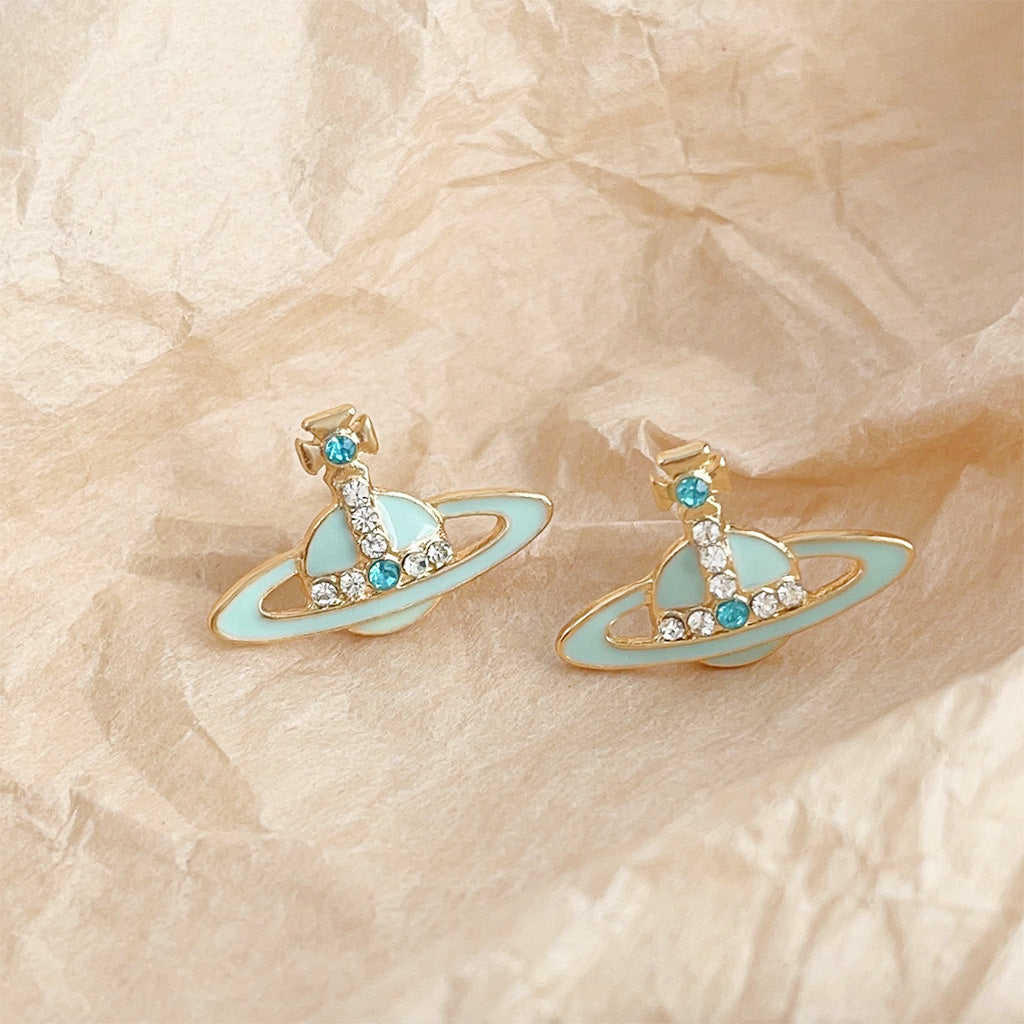 Green enamel with rhinestones planet stud earrings (5 pairs)