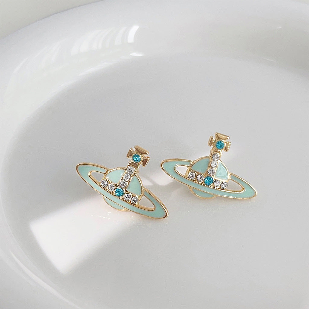 Green enamel with rhinestones planet stud earrings (5 pairs)