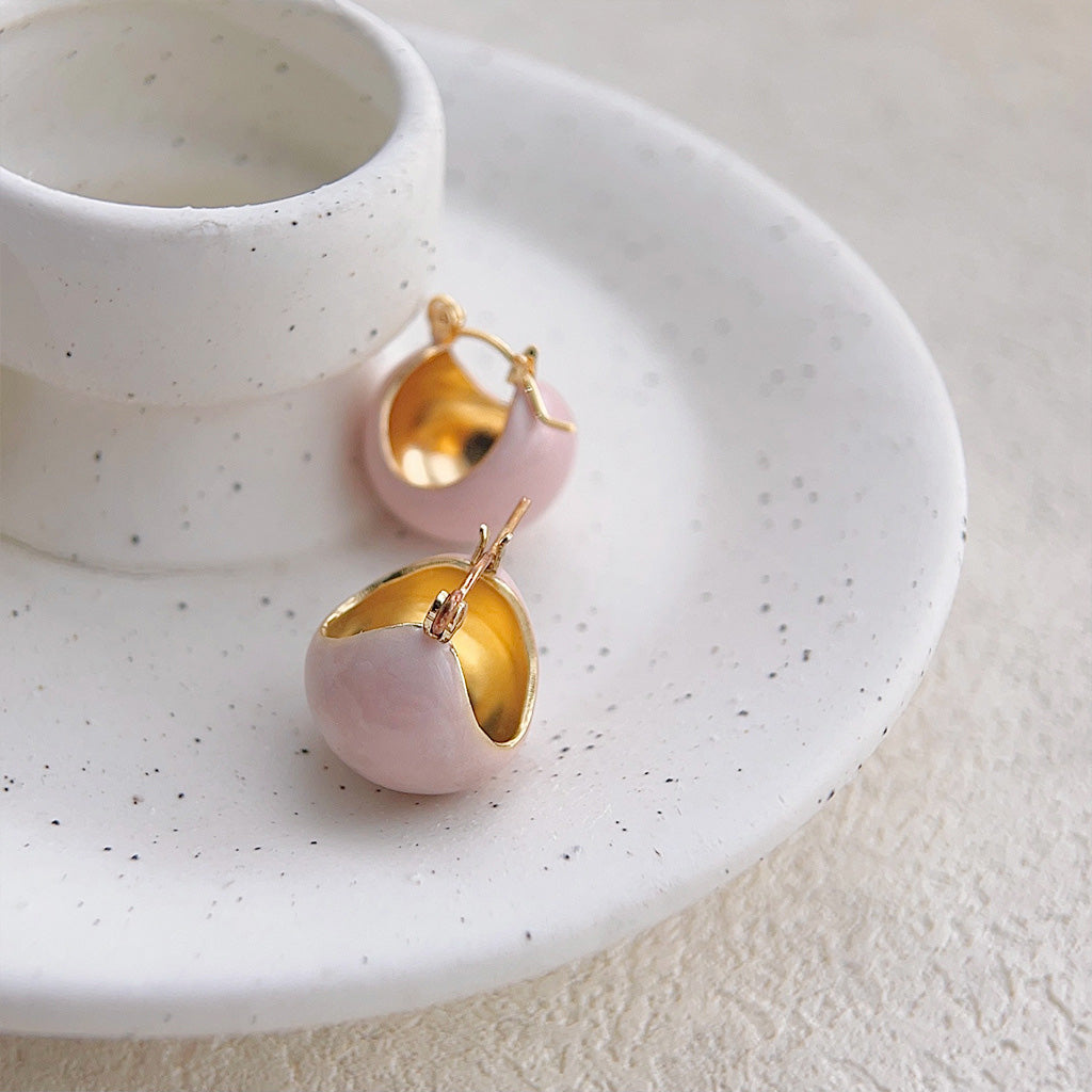 Pink enamel color gold plated bucket hoop stud earrings (5 pairs)