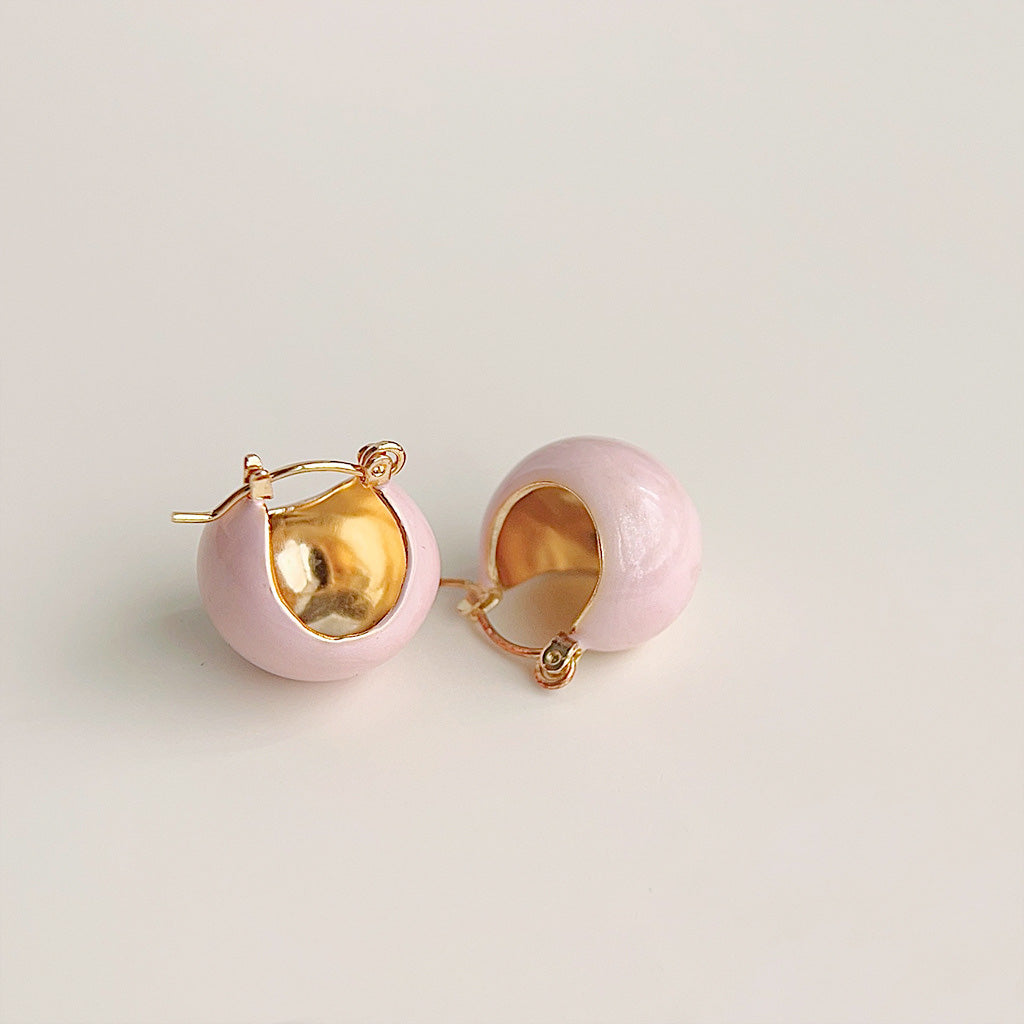 Pink enamel color gold plated bucket hoop stud earrings (5 pairs)