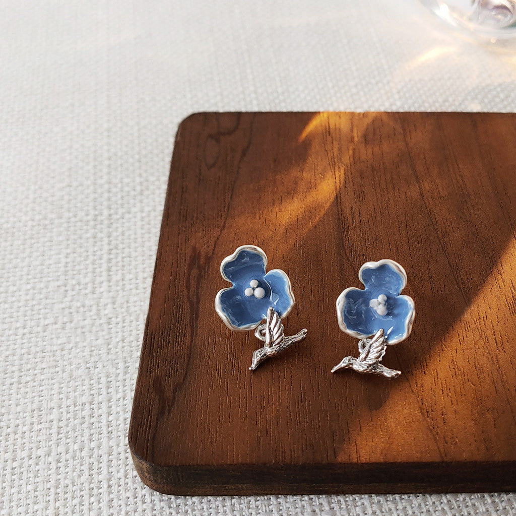 Vintage silver plated blue enamel drop bee bird charm stud earrings (5 pairs)