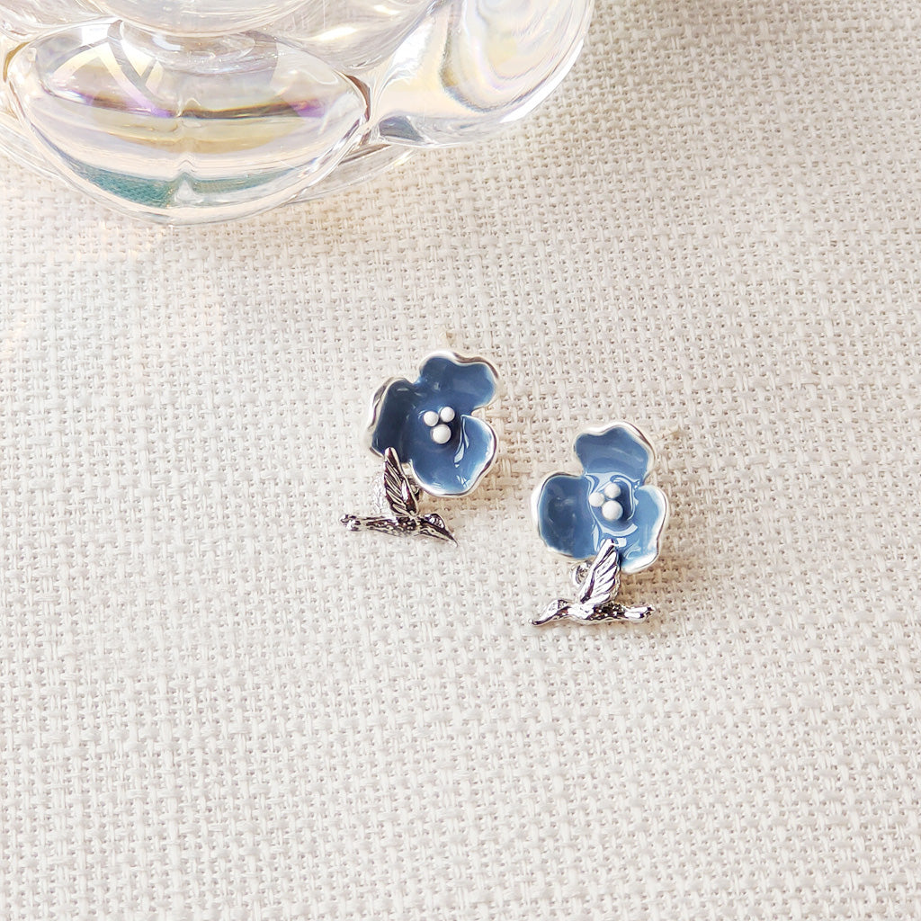 Vintage silver plated blue enamel drop bee bird charm stud earrings (5 pairs)