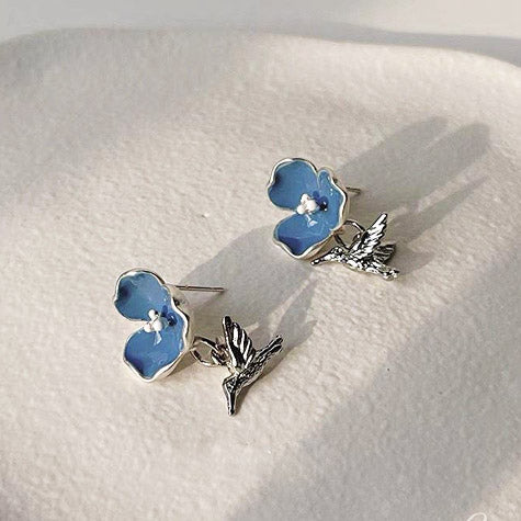 Vintage silver plated blue enamel drop bee bird charm stud earrings (5 pairs)