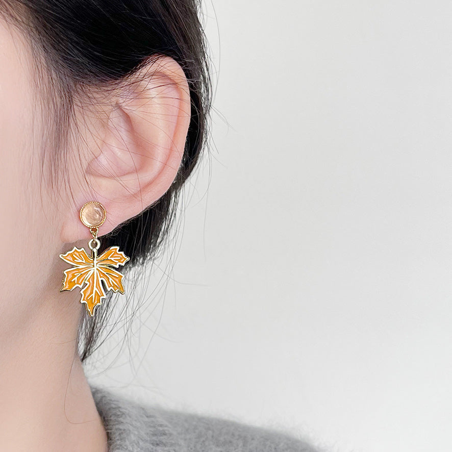 14k gold plated enamel maple with glass stone drop earrings (5 pairs)