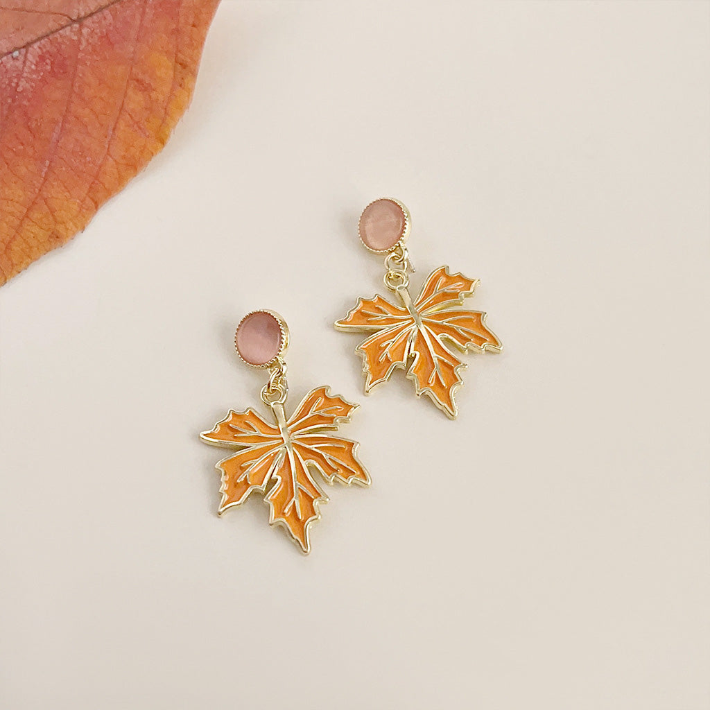 14k gold plated enamel maple with glass stone drop earrings (5 pairs)