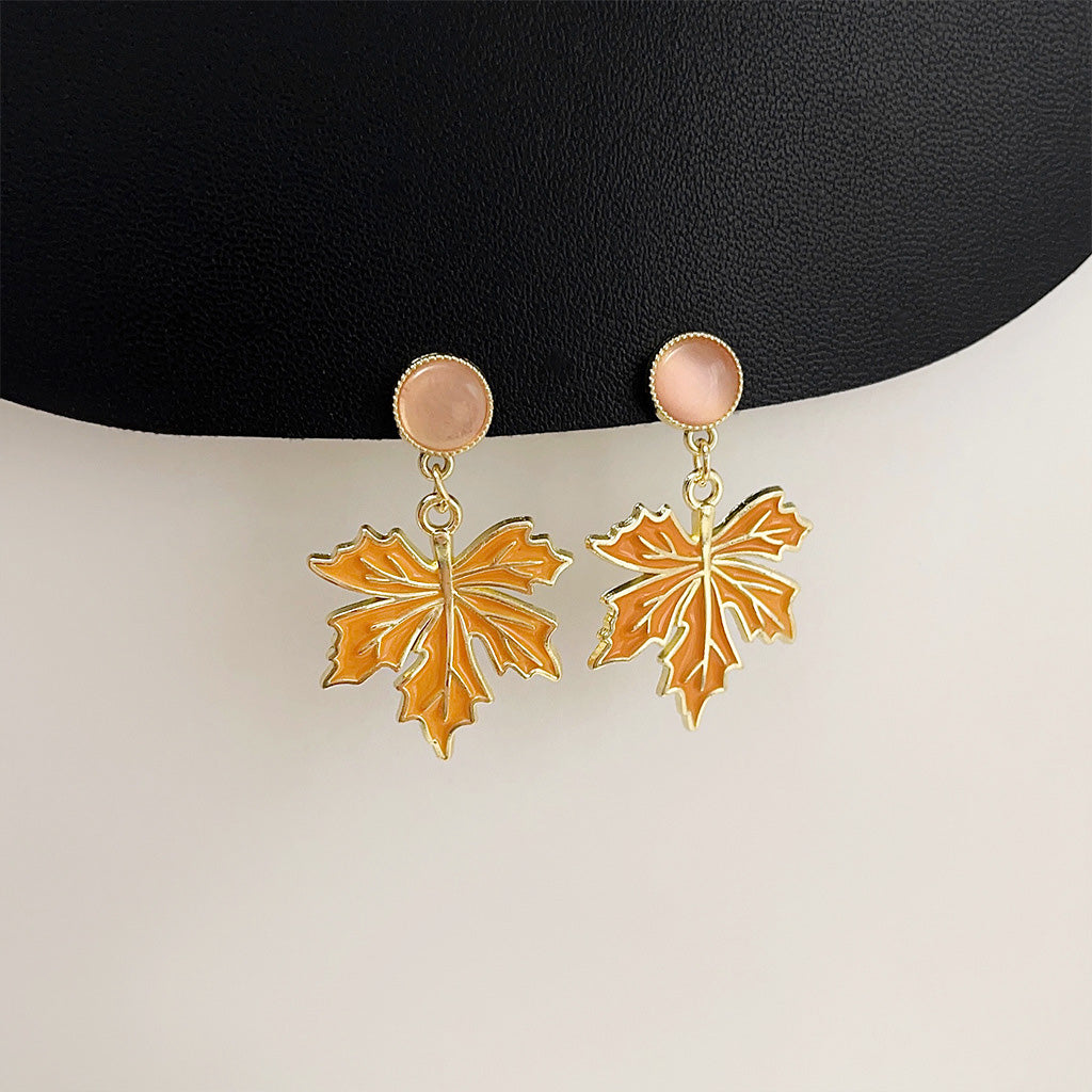 14k gold plated enamel maple with glass stone drop earrings (5 pairs)