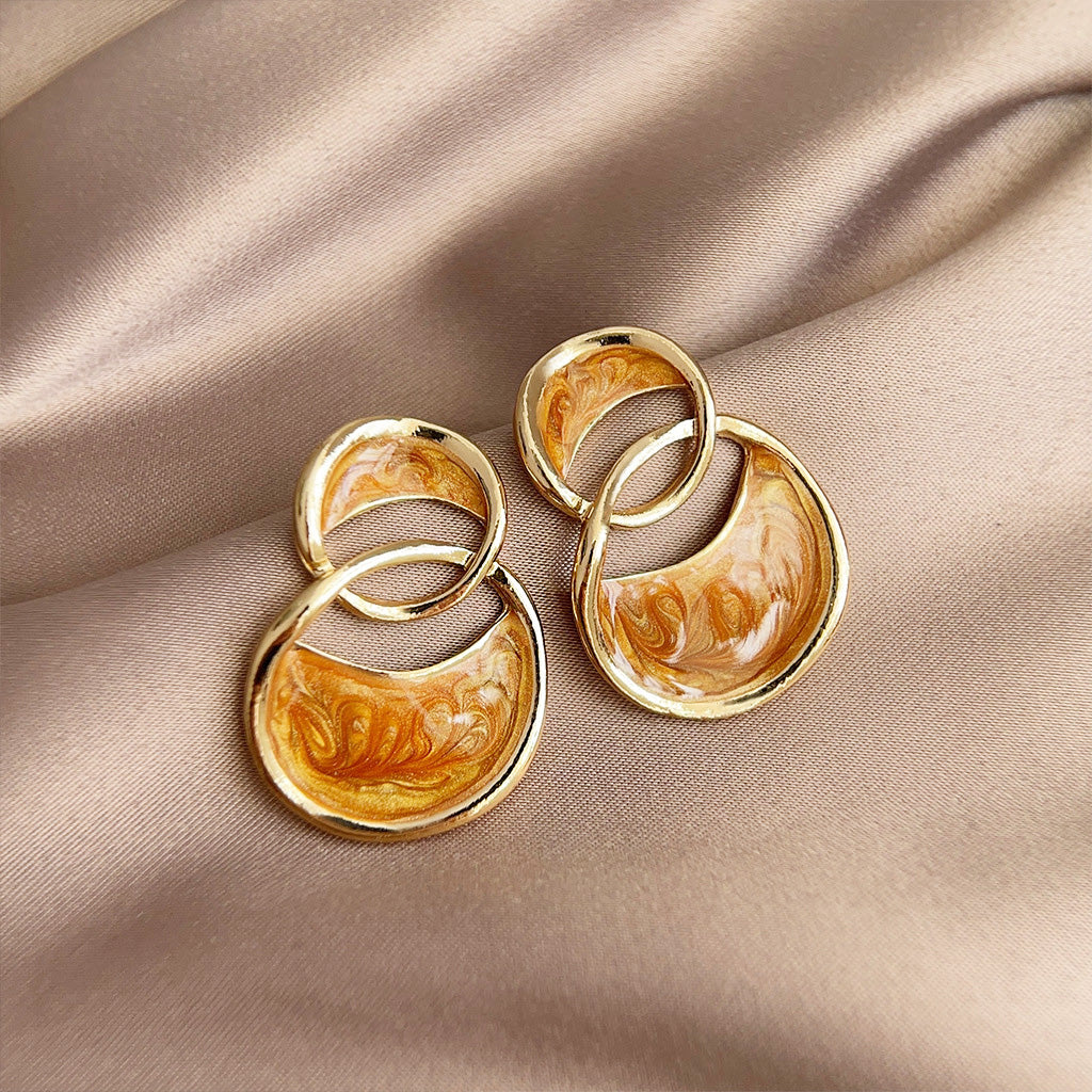 14k gold plated camel enamel color double interlock circle stud earrings (5 pairs)