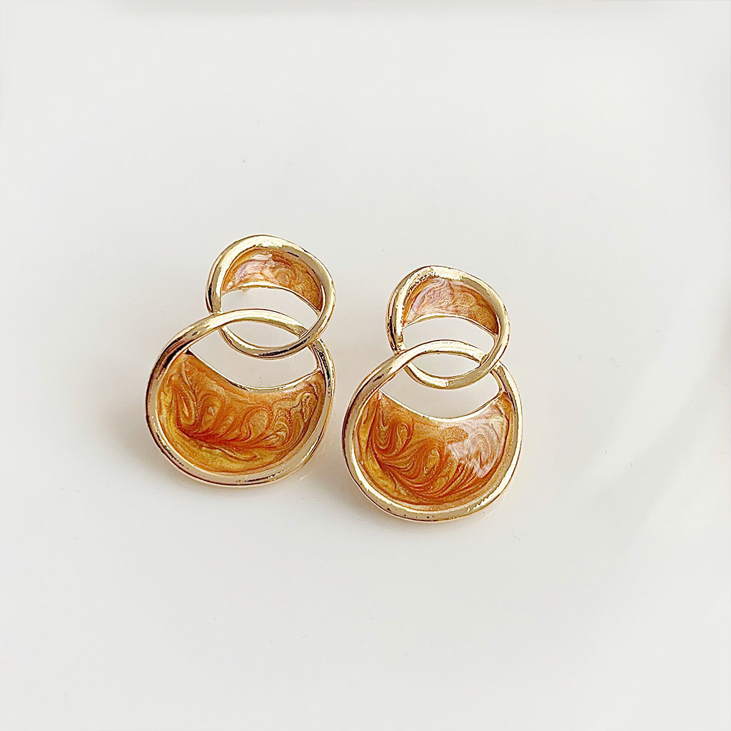 14k gold plated camel enamel color double interlock circle stud earrings (5 pairs)
