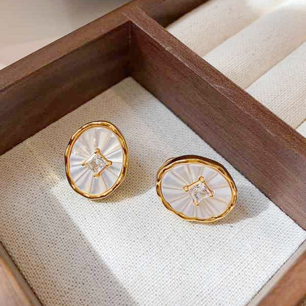 Gold plated white resin with square zircon stone stud earrings (5 pairs)