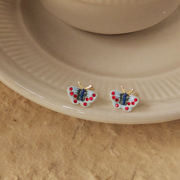 Vintage 14k gold plated enamel mini tiny butterfly stud earrings (5 pairs)