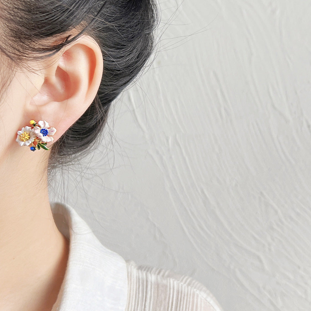 14k gold plated hand painting enamel asymmetrical flower stud earrings (5 pairs)