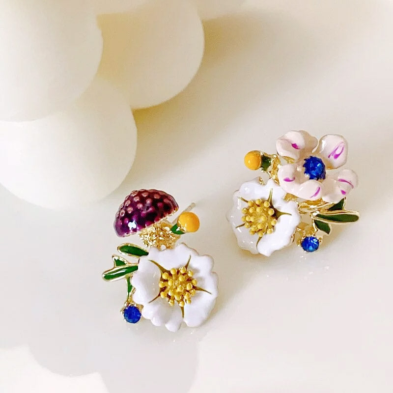 14k gold plated hand painting enamel asymmetrical flower stud earrings (5 pairs)