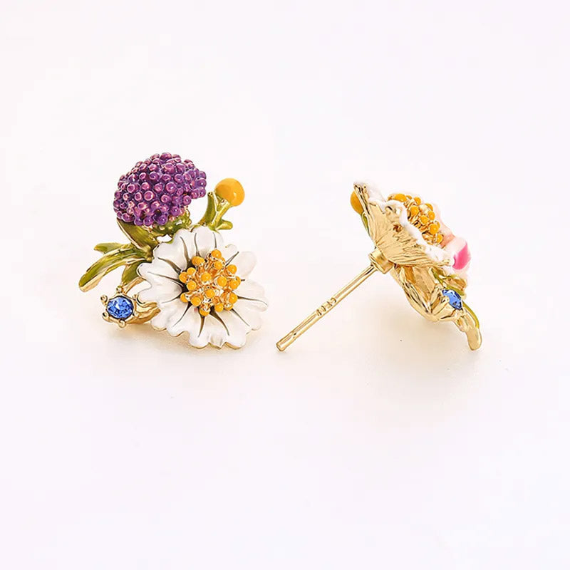 14k gold plated hand painting enamel asymmetrical flower stud earrings (5 pairs)