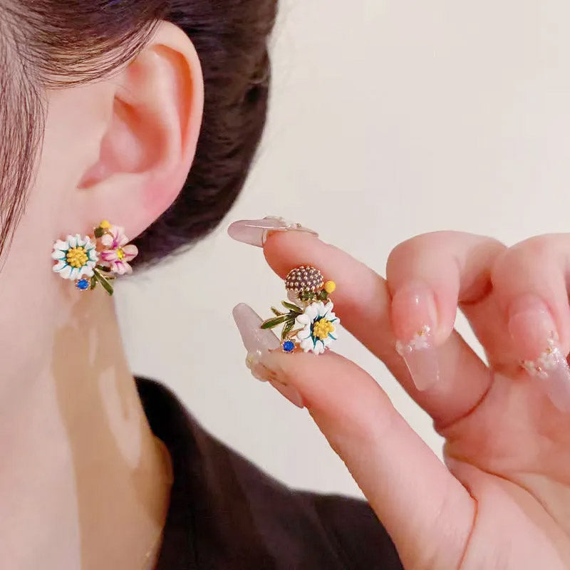 14k gold plated hand painting enamel asymmetrical flower stud earrings (5 pairs)