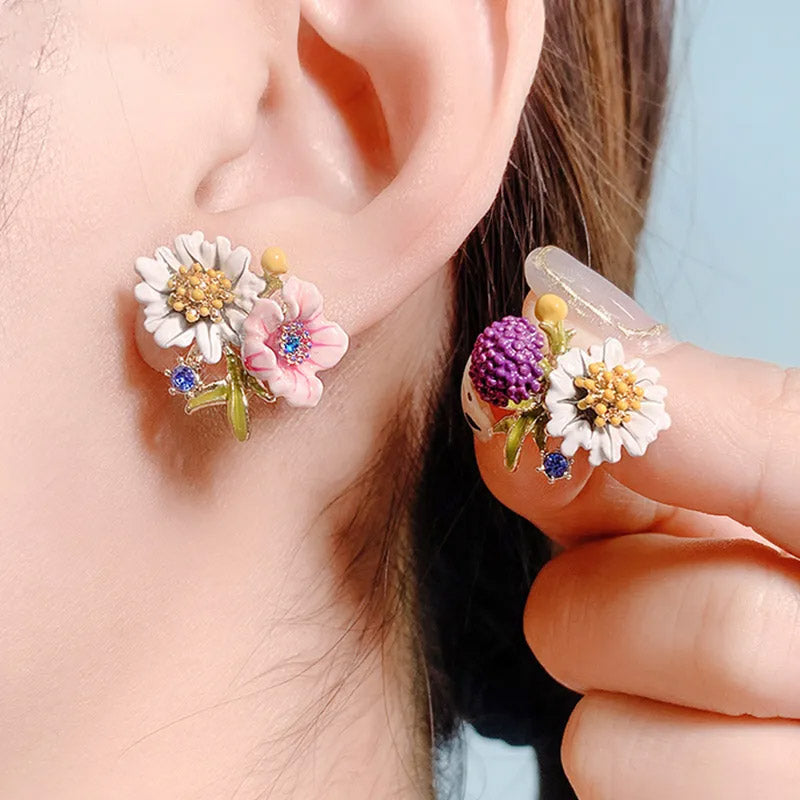 14k gold plated hand painting enamel asymmetrical flower stud earrings (5 pairs)