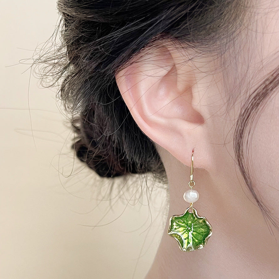 14k gold plated green enamel lotus leaf with freshwater pearl drop hook earrings (5 pairs)