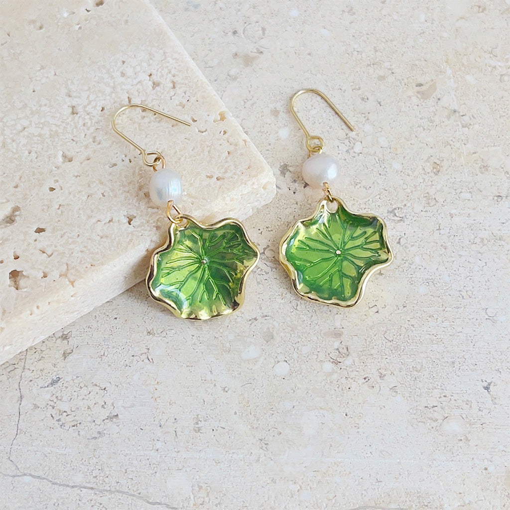 14k gold plated green enamel lotus leaf with freshwater pearl drop hook earrings (5 pairs)