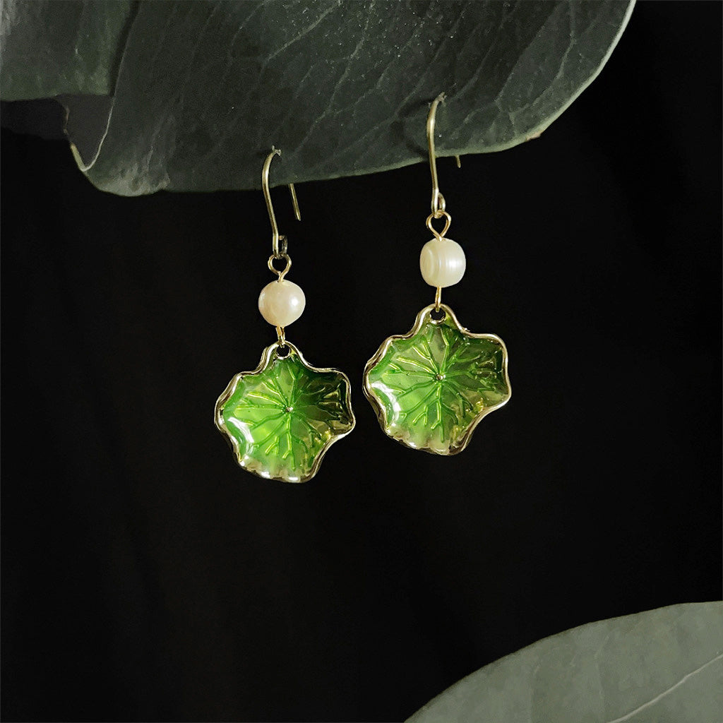 14k gold plated green enamel lotus leaf with freshwater pearl drop hook earrings (5 pairs)