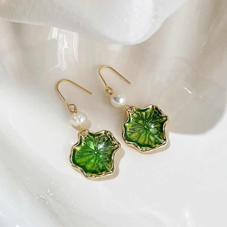 14k gold plated green enamel lotus leaf with freshwater pearl drop hook earrings (5 pairs)