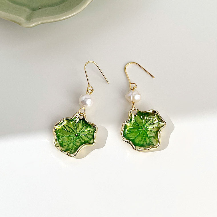 14k gold plated green enamel lotus leaf with freshwater pearl drop hook earrings (5 pairs)