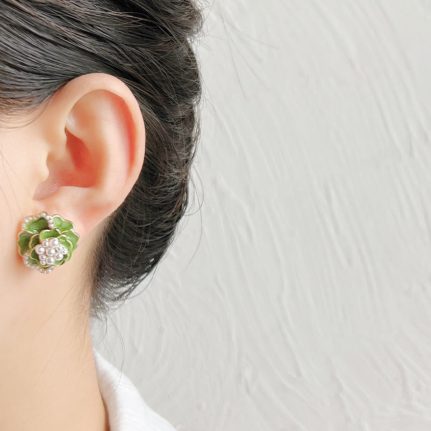 Wholesale 14k gold plated enamel camellia flower pearl stud earrings (5 pairs)