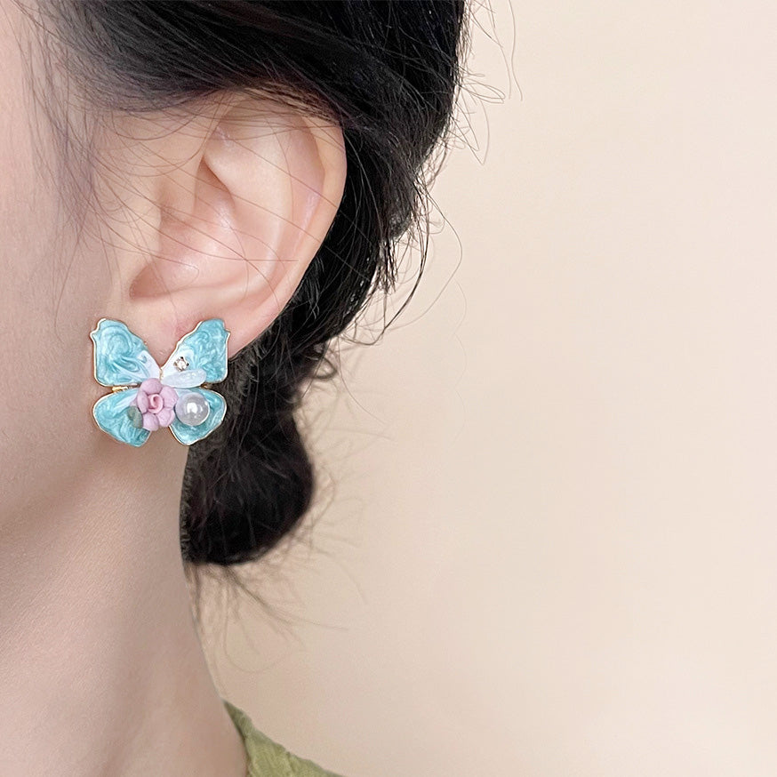 Wholesale gold plated blue enamel handmade pearl butterfly stud earrings (5 pairs)