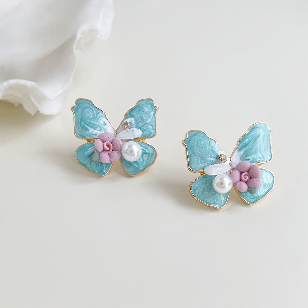 Wholesale gold plated blue enamel handmade pearl butterfly stud earrings (5 pairs)
