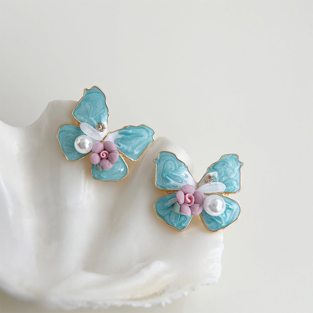 Wholesale gold plated blue enamel handmade pearl butterfly stud earrings (5 pairs)