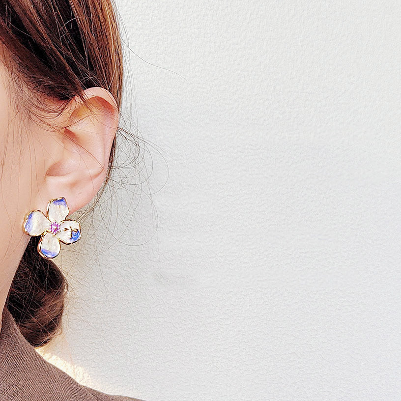 French style 14k gold enamel 4 petal flower stud earrings (5 pairs)