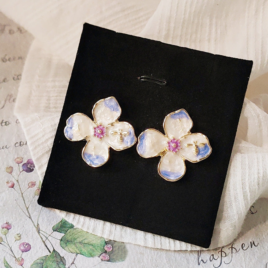 French style 14k gold enamel 4 petal flower stud earrings (5 pairs)