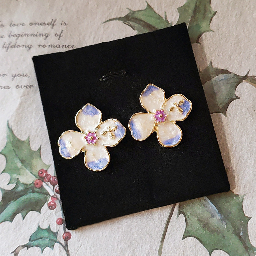 French style 14k gold enamel 4 petal flower stud earrings (5 pairs)