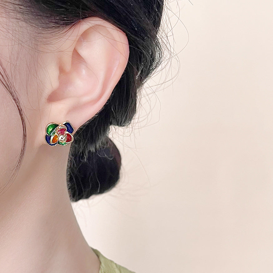 Wholesale 14k gold plated multi-color enamel 3D flower stud earrings (5 pairs)