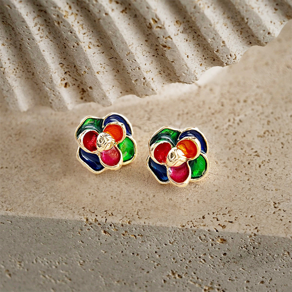 Wholesale 14k gold plated multi-color enamel 3D flower stud earrings (5 pairs)