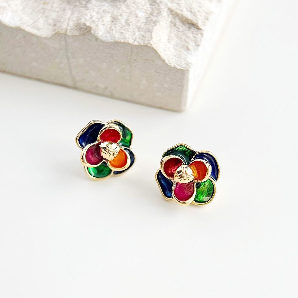 Wholesale 14k gold plated multi-color enamel 3D flower stud earrings (5 pairs)