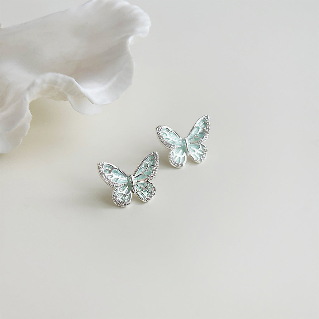 Wholesale silver plated mint green enamel butterfly stud earrings (5 pairs)
