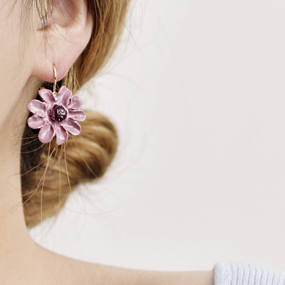 Wholesale purple enamel 3D flower with french hook earrings (5 pairs)